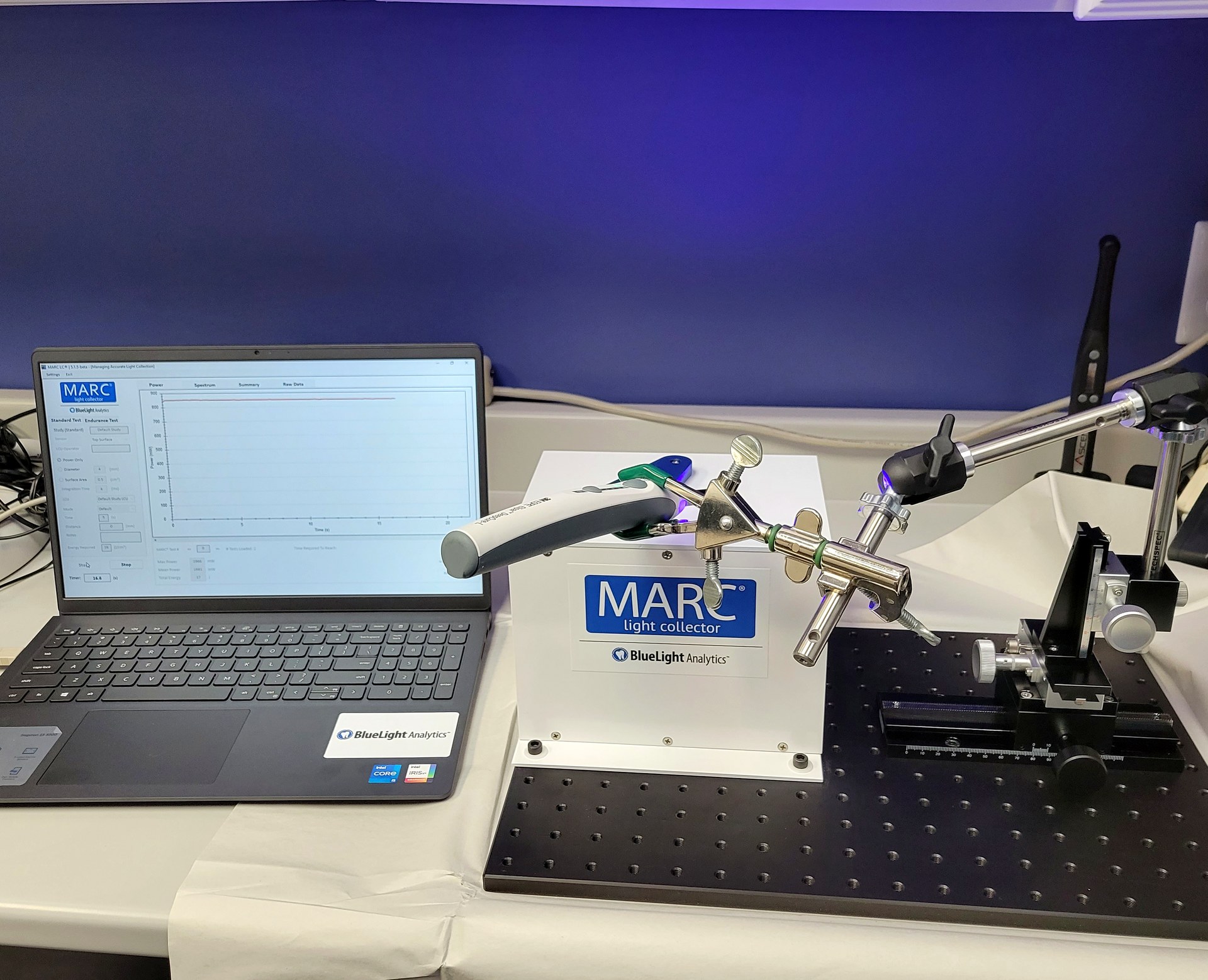 The MARC Light Collector laboratory system: integrating-sphere unit, aperture series, and analysis software on the bench.